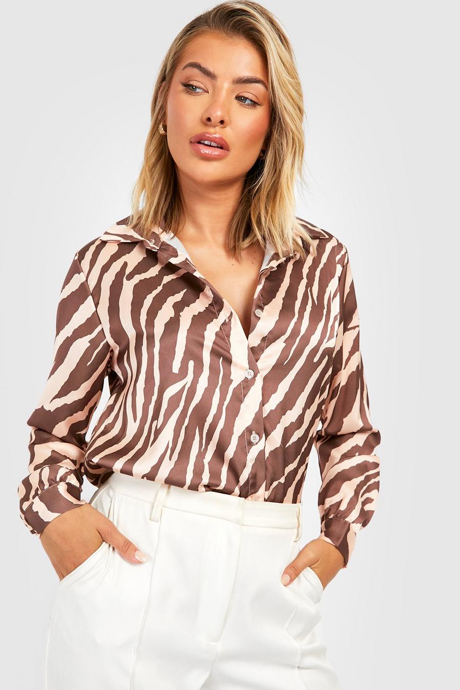 Brown Oversized Zebra Printed Satin Shirt image number 1