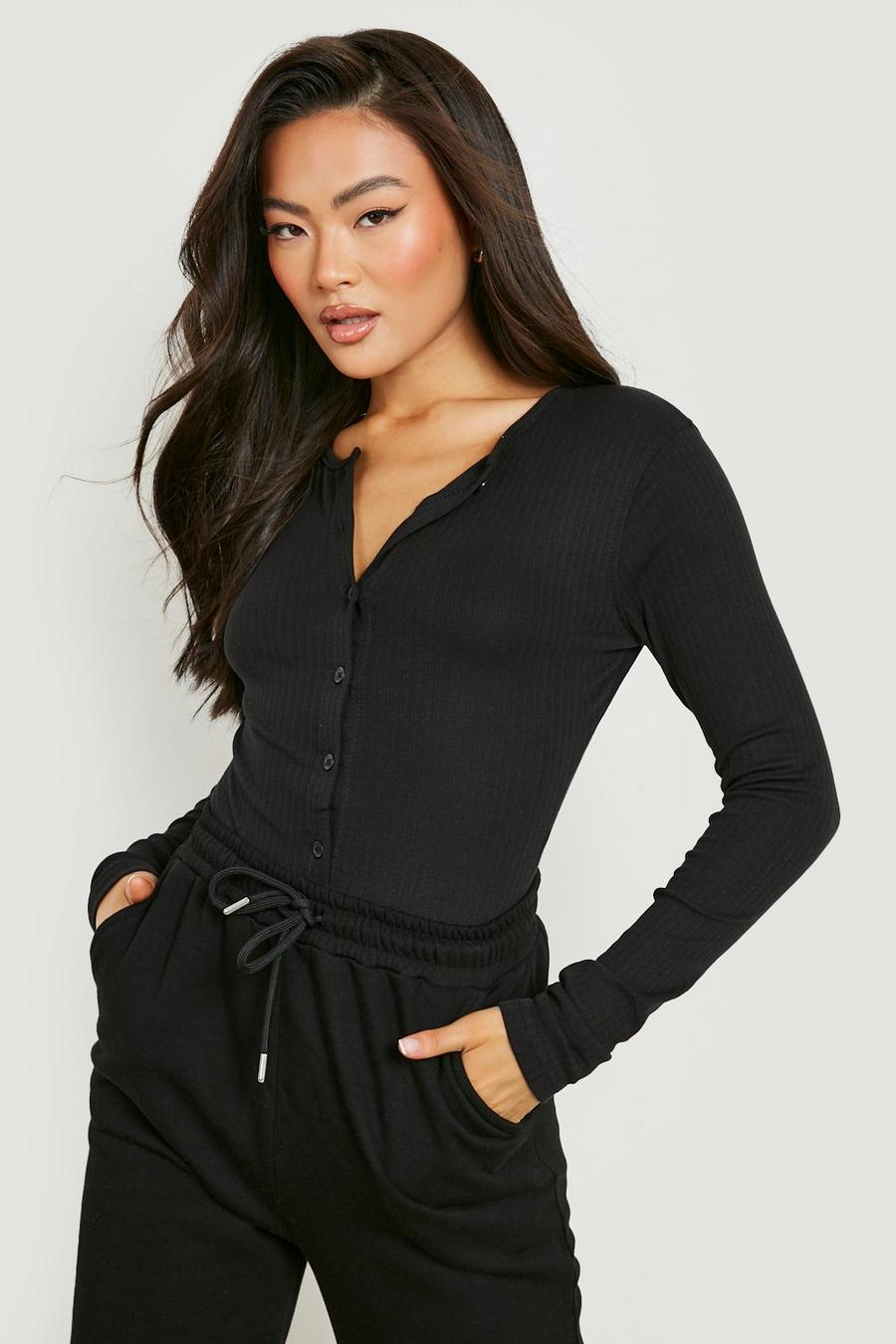 Black Button Front Rib Long Sleeve Bodysuit image number 1