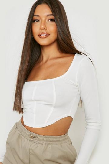 Square Neck Long Sleeve Corset Top off white