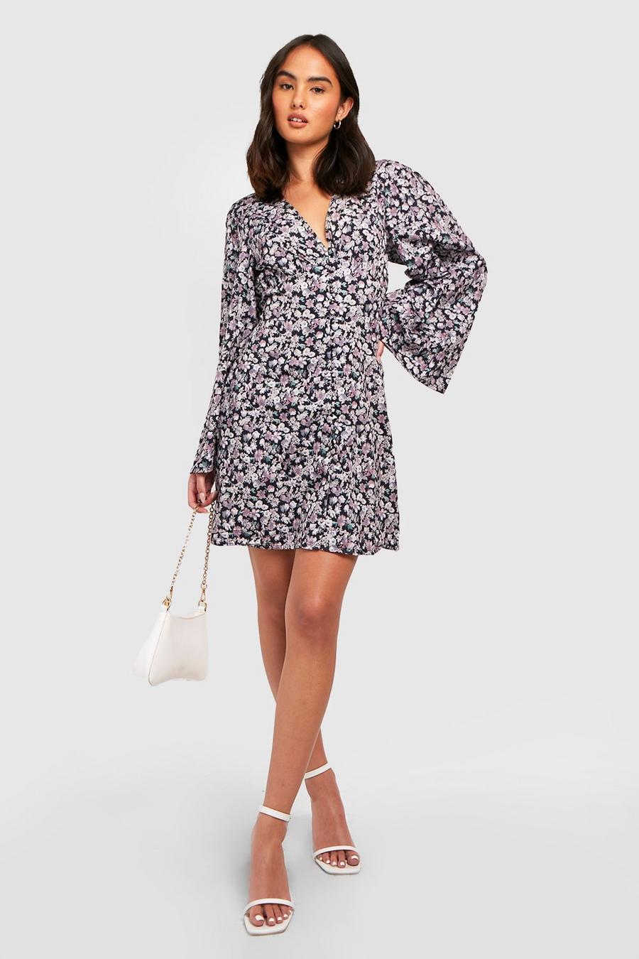 Black negro Floral Flare Sleeve Woven Smock Dress