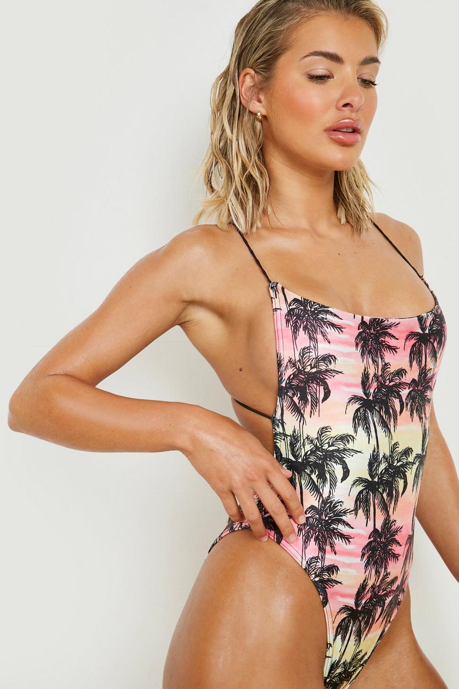 Pink Ombre Palm Tree Skinny Strap Swimsuit image number 1