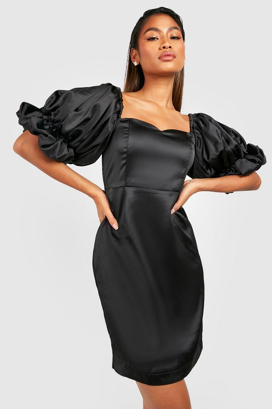 Black Satin Puff Sleeve Mini Dress image number 1