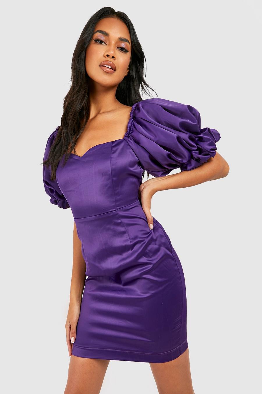 Jewel purple Satin Puff Sleeve Mini Dress image number 1