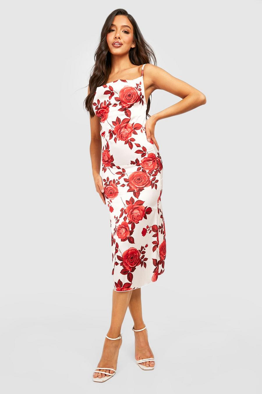 Red Satin Rose Print Bodycon Dress image number 1