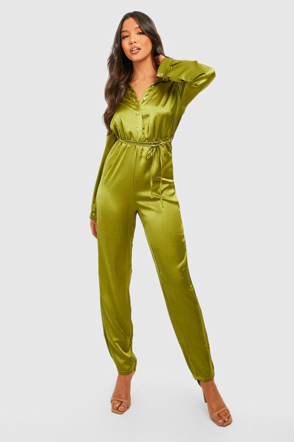 Satin Shirt Straight Leg Jumpsuit