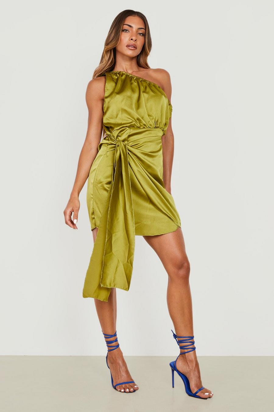 Chartreuse Satin Asymmetric Tie Front Dress image number 1