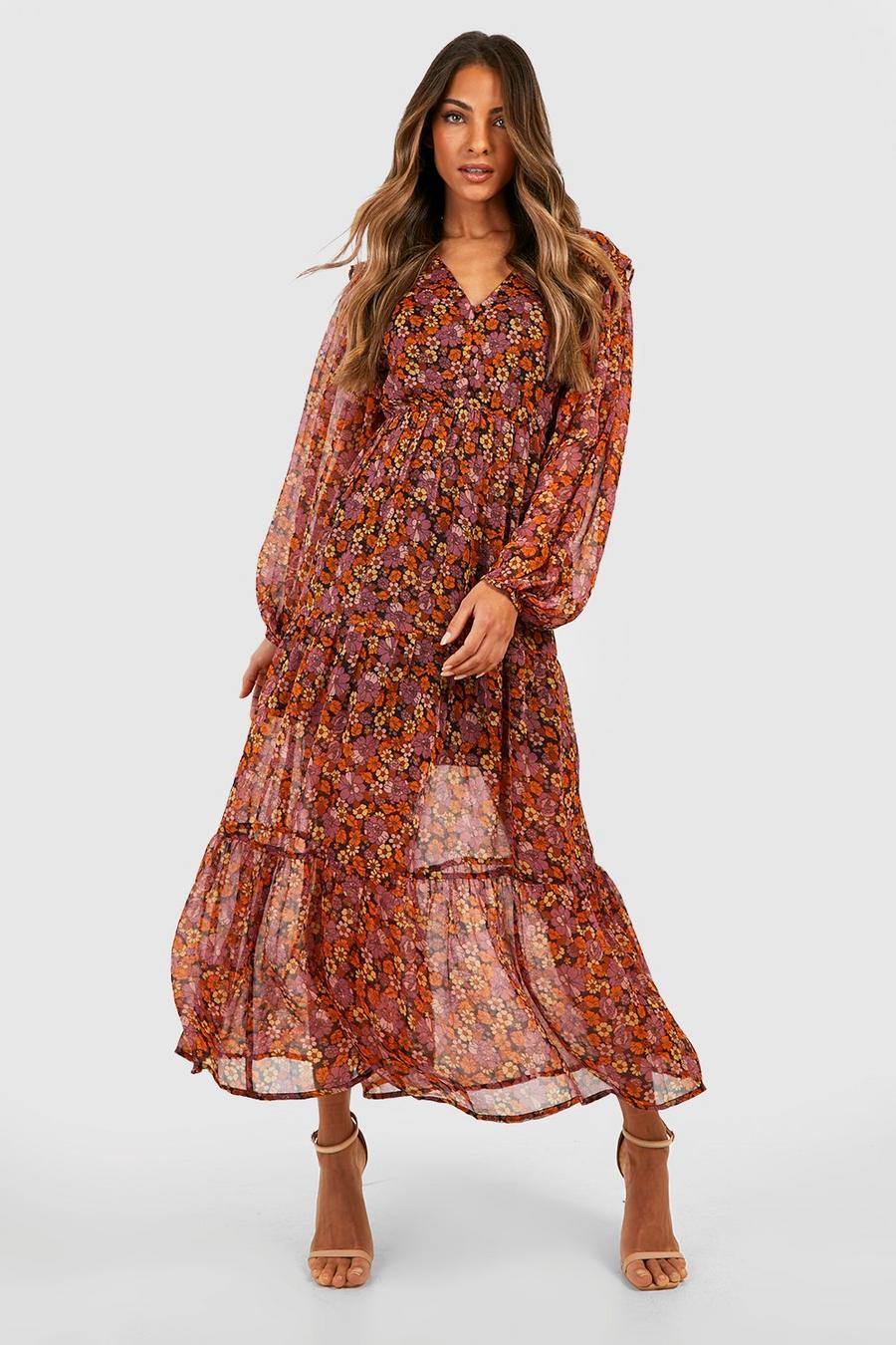 Rust Puff Sleeve V Neck Maxi Dress image number 1