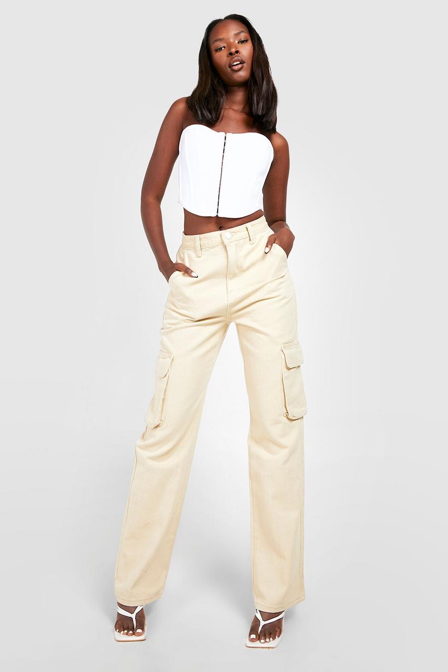 Ecru High Waisted Cargo Jeans image number 1