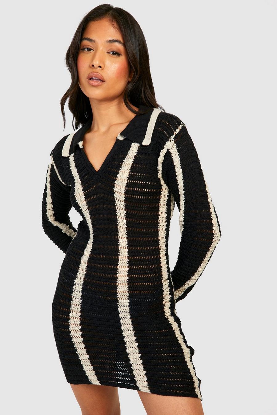 Black Petite Stripe Crochet Knitted Mini Dress image number 1