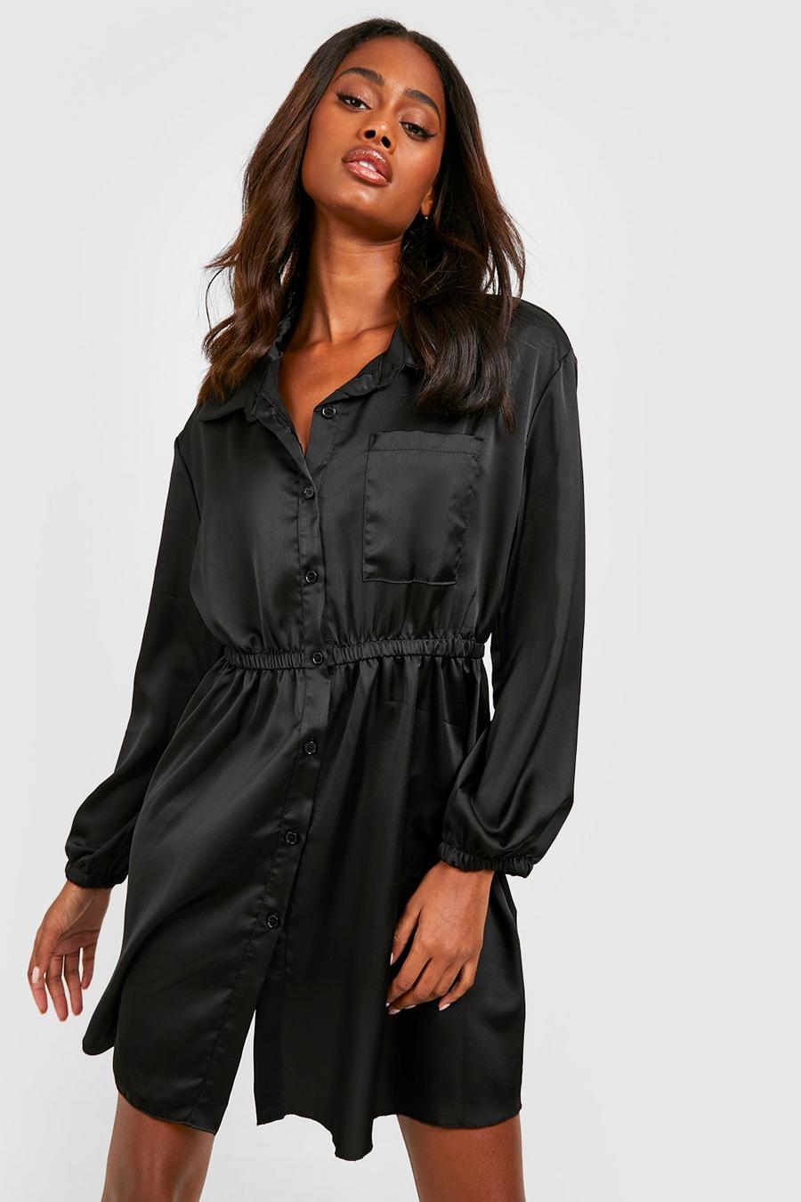 Black Satin Utility Shirt Dress image number 1