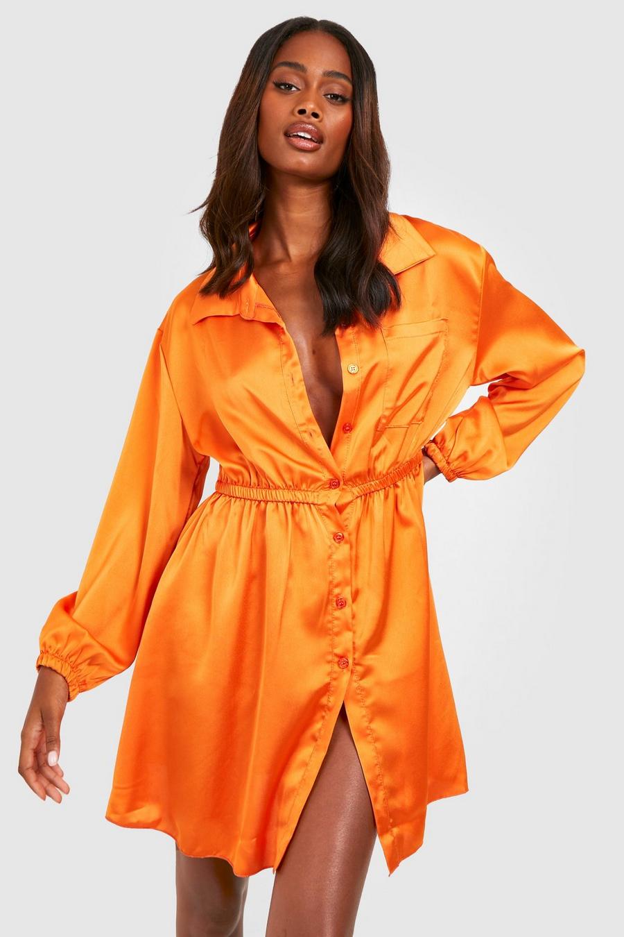 Orange Satin Utility Shirt Dress image number 1