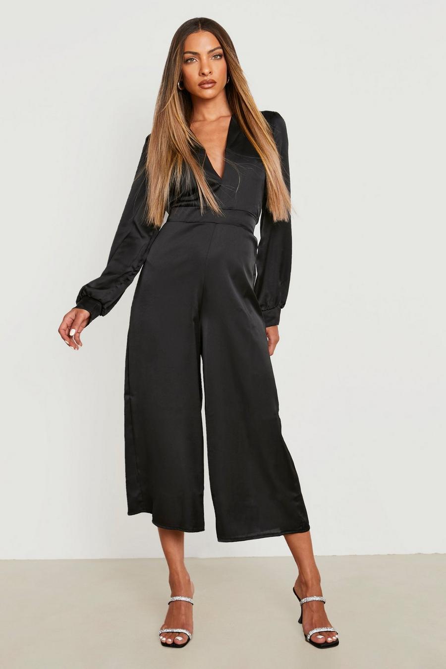 Black Volume Sleeve Satin Culotte Jumpsuit image number 1