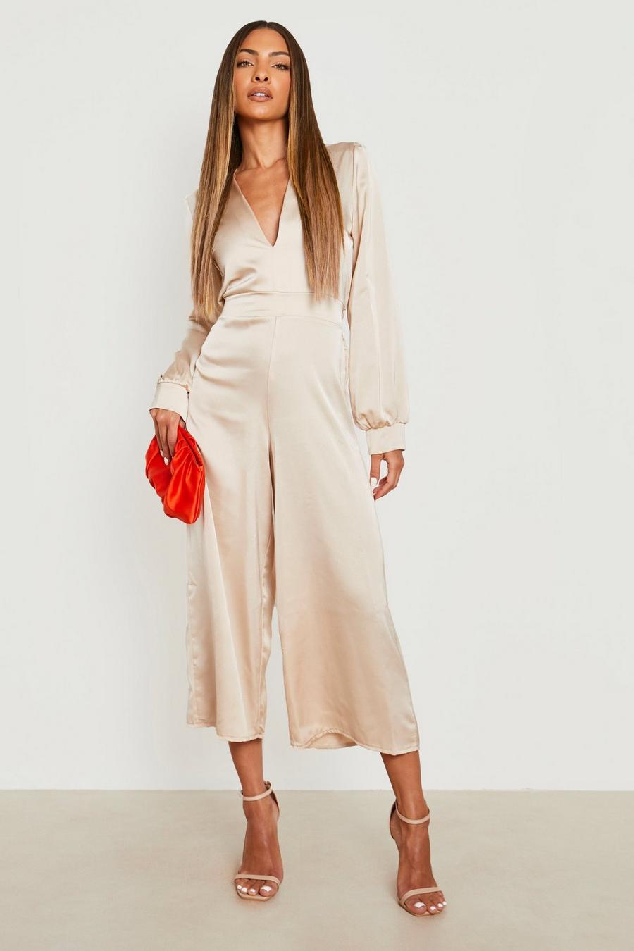 Champagne beis Volume Sleeve Satin Culotte Jumpsuit