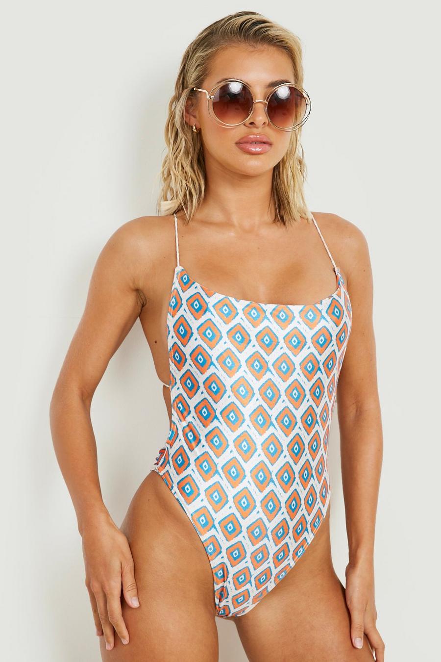 Orange Abstract Geo Skinny Strap Swimsuit image number 1