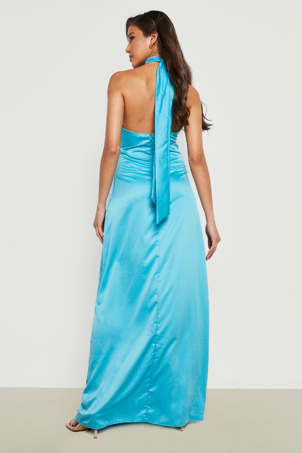 Turquoise Scarf Print Halter Neck Maxi Dress