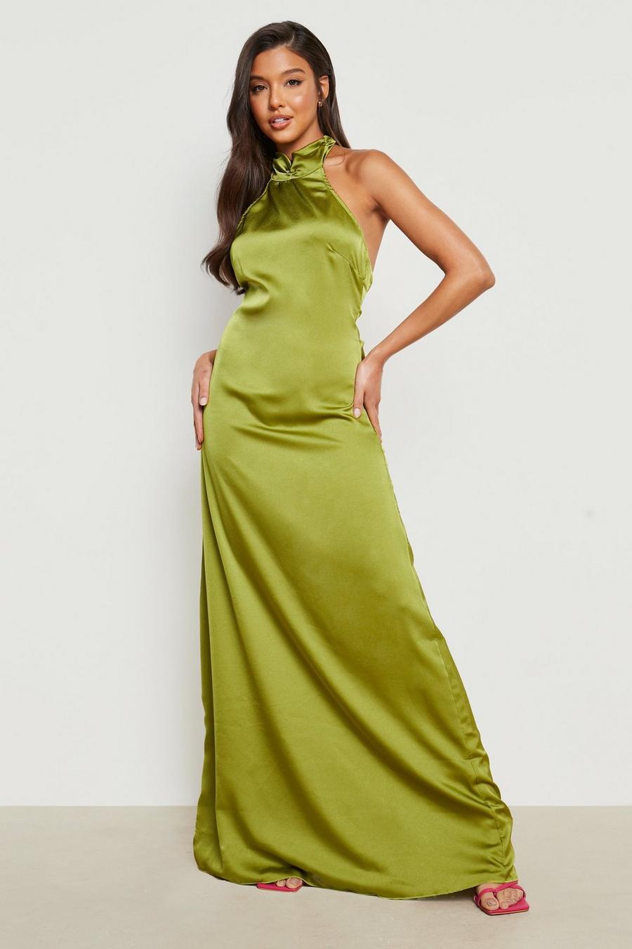 Chartreuse Halter Satin Maxi Dress image number 1