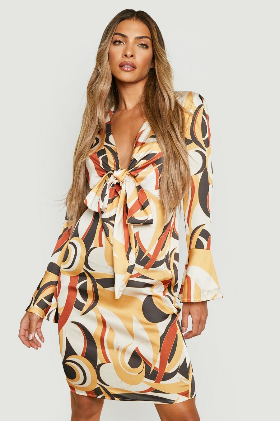 Brown Abstract Flare Sleeve Tie Front Dress image number 1