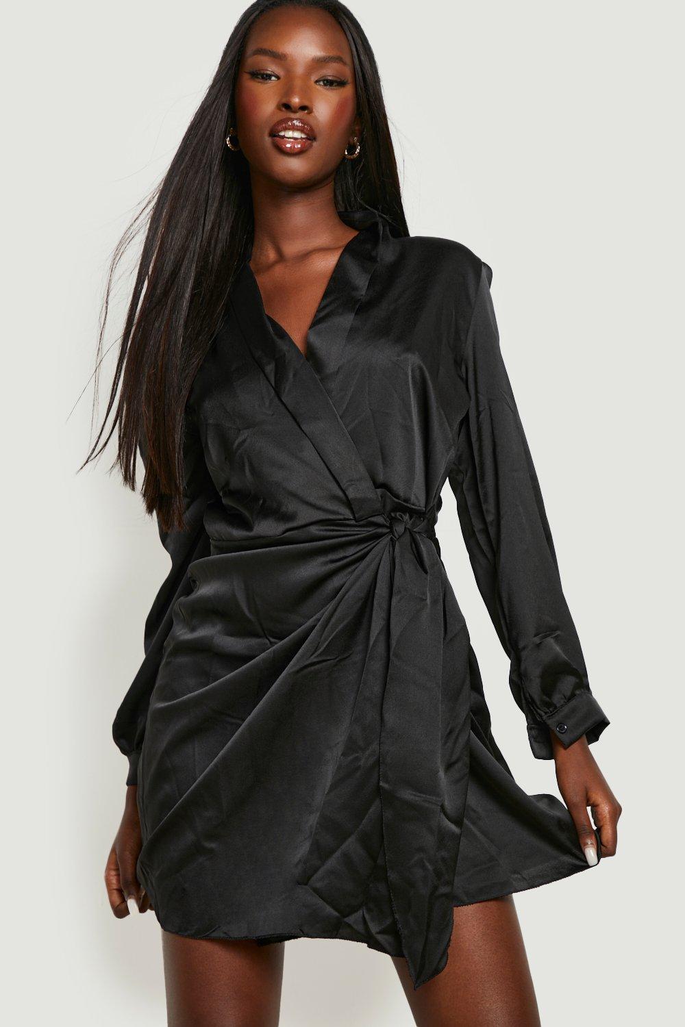 Black Satin Wrap Mini Dress