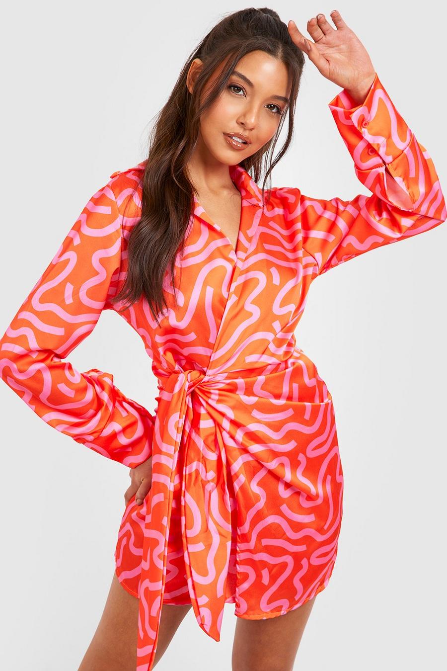 Red Abstract Wrap Shirt Dress image number 1