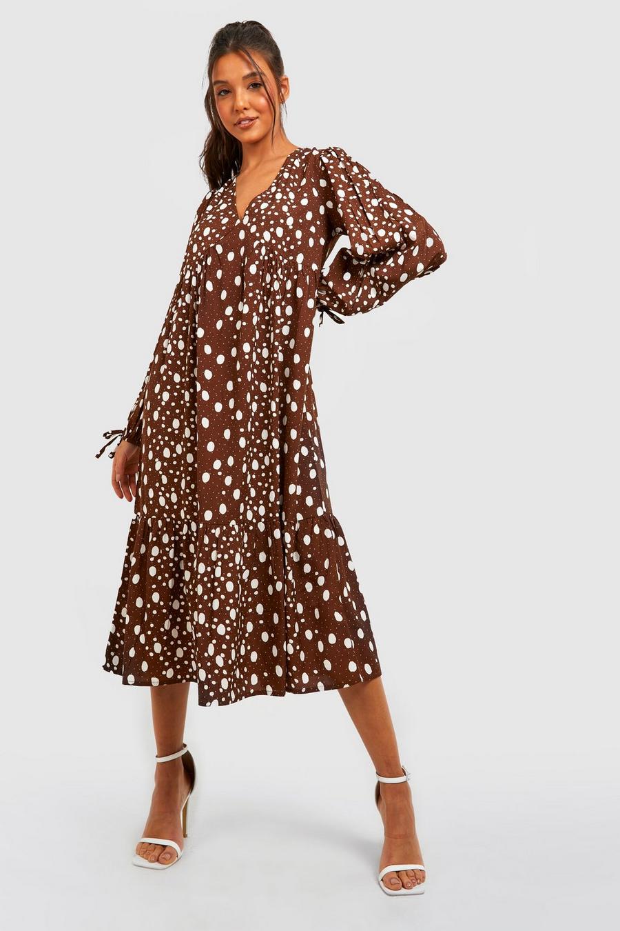 Brown Polka Dot Puff Sleeve Midi Dress image number 1
