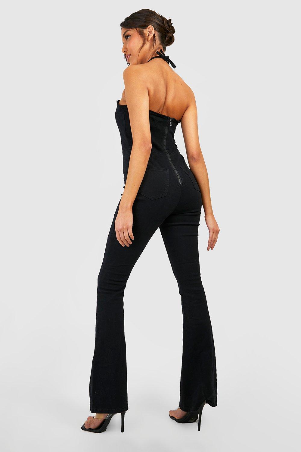 Halterneck Flared Denim Jumpsuit boohoo FI