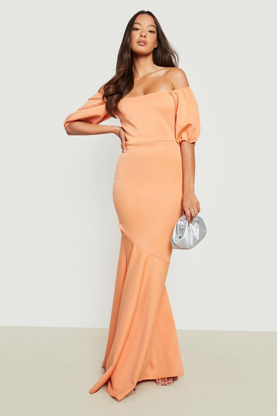 Orange Scuba Puff Sleeve Fishtail Maxi Dress image number 1