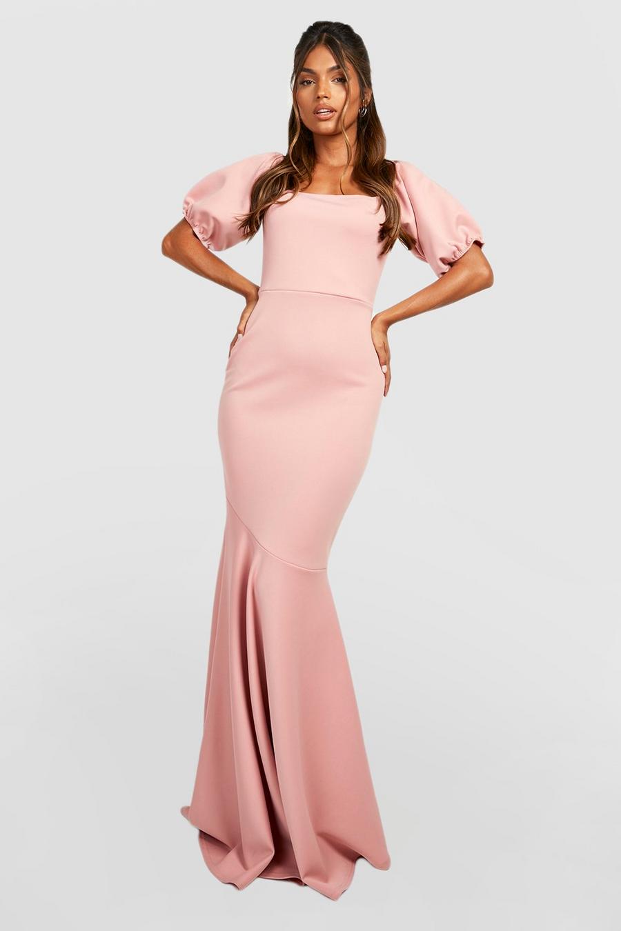 Rose pink Scuba Puff Sleeve Fishtail Maxi Dress