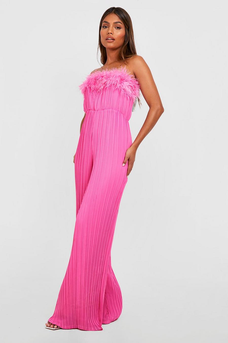 Hot pink Pleated Feather Trim Wide Leg Jumpsuit image number 1