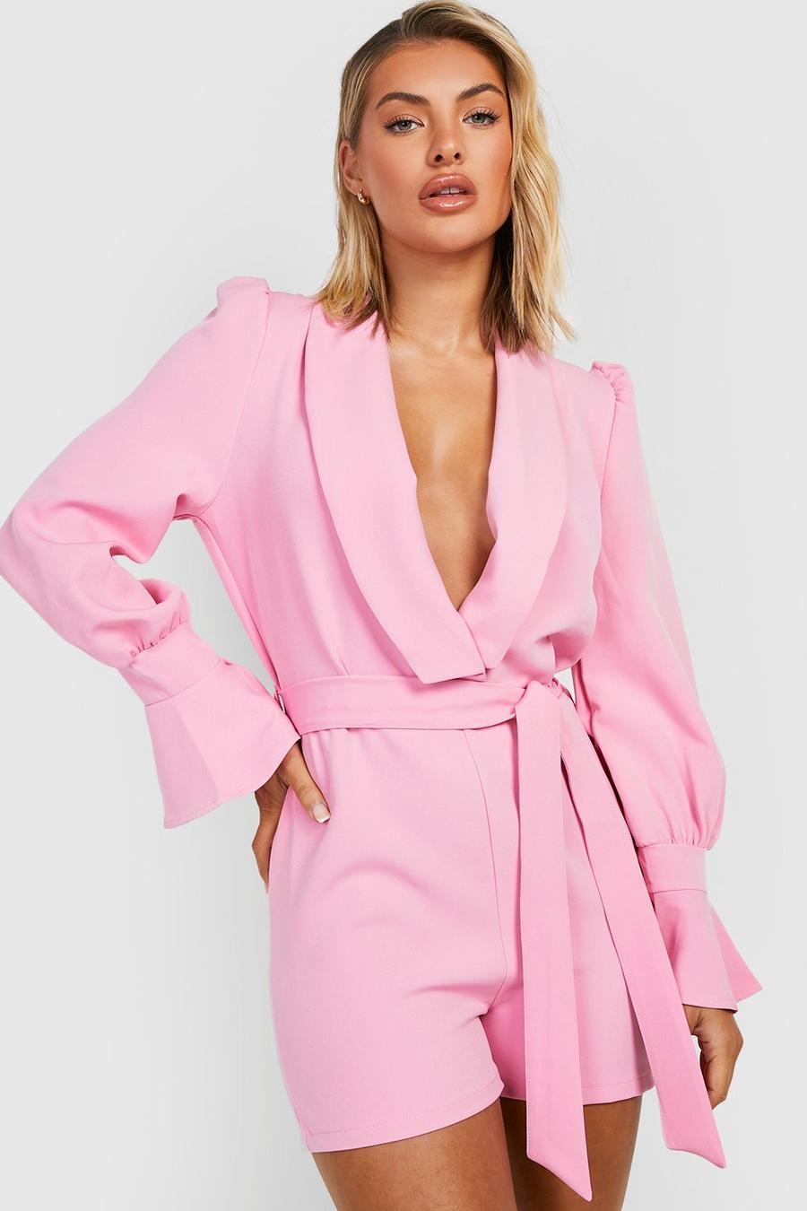Candy pink Puff Sleeve Belted Blazer Playsuit