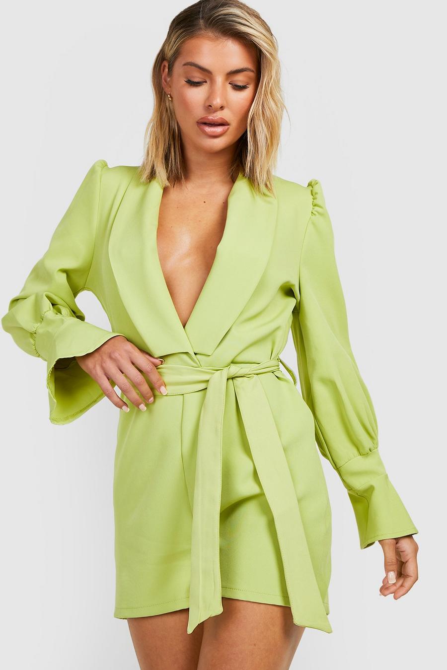 Chartreuse yellow Puff Sleeve Belted Blazer Playsuit