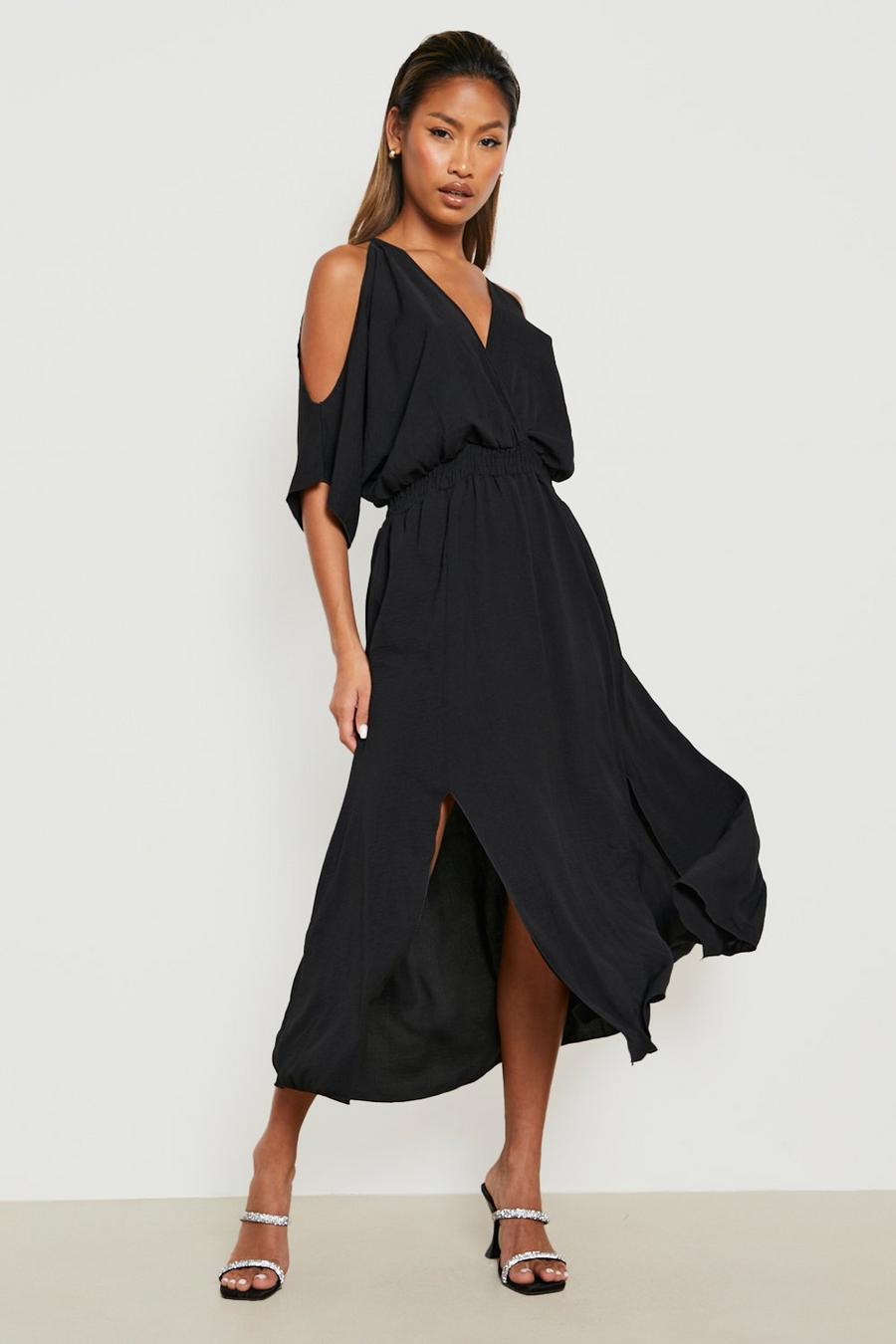 Black Woven Flare Sleeve Midaxi Dress