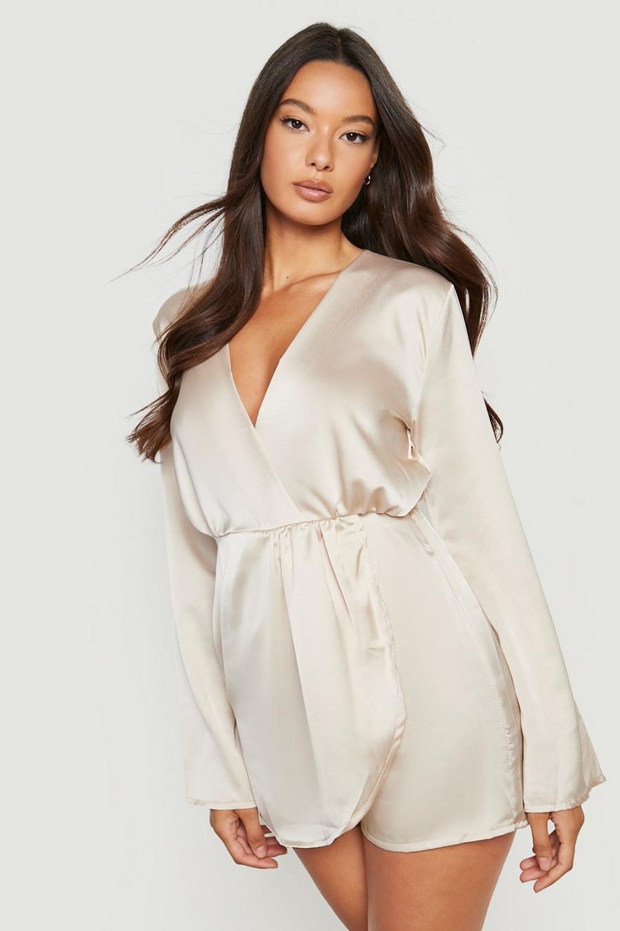 Champagne Satin Wrap Flare Sleeve Playsuit image number 1