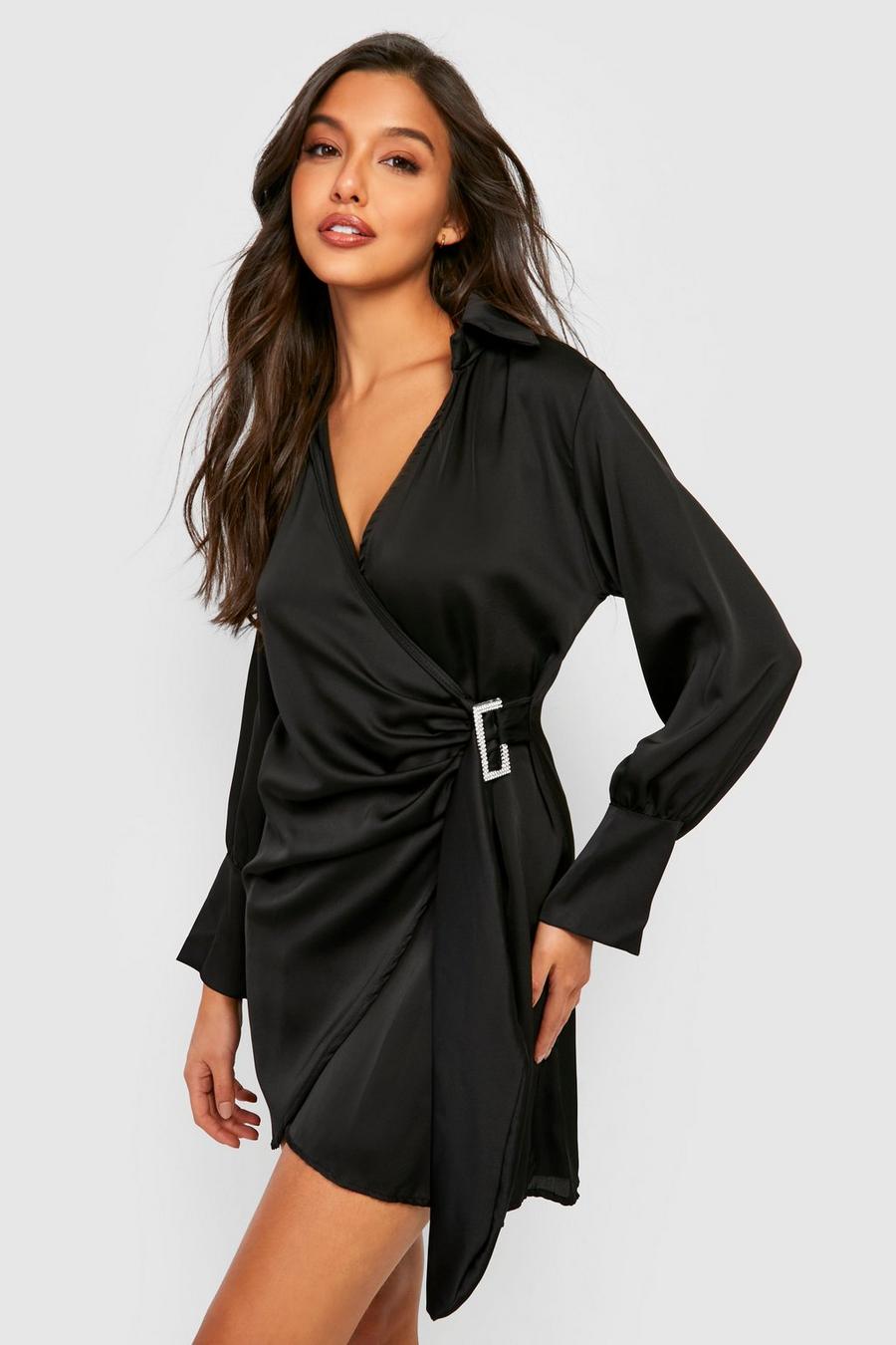 Black Satin Buckle Detail Wrap Shirt Dress image number 1