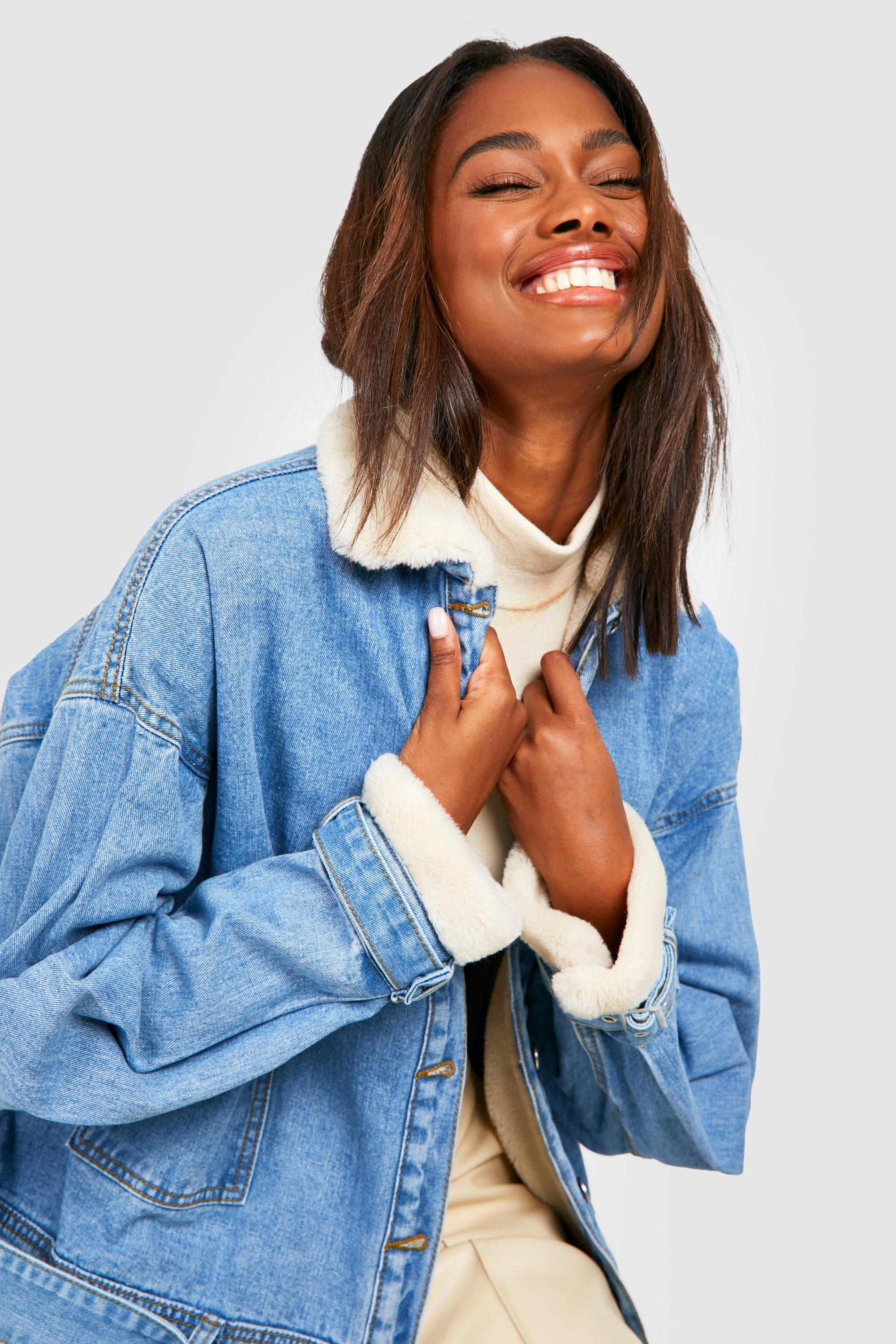 Teddy Buckle Detail Oversized Denim Jacket boohoo