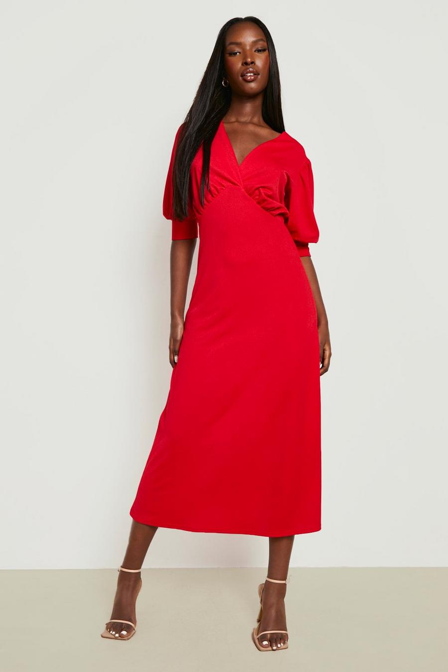 Red Plunge Puff Sleeve Midaxi Dress image number 1