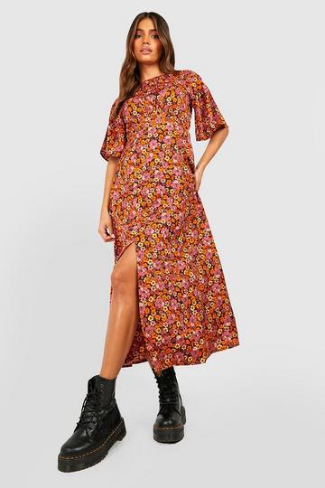 Floral Short Sleeve Midi Dress multi