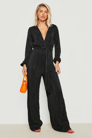 Black Plisse Plunge Wrap Jumpsuit