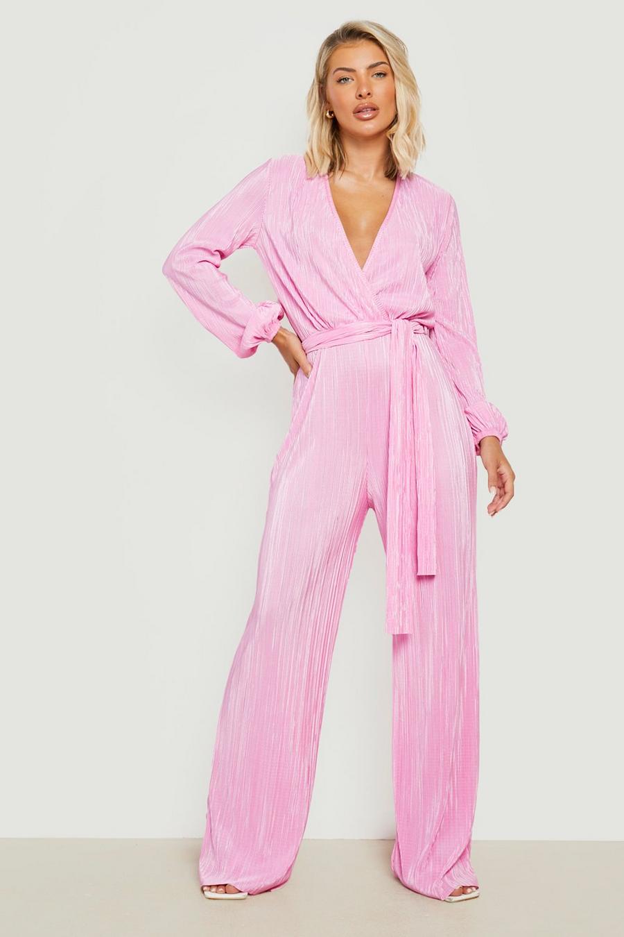 Candy pink Plisse Plunge Wrap Jumpsuit