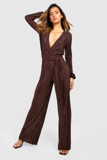 Plisse Plunge Wrap Jumpsuit chocolate