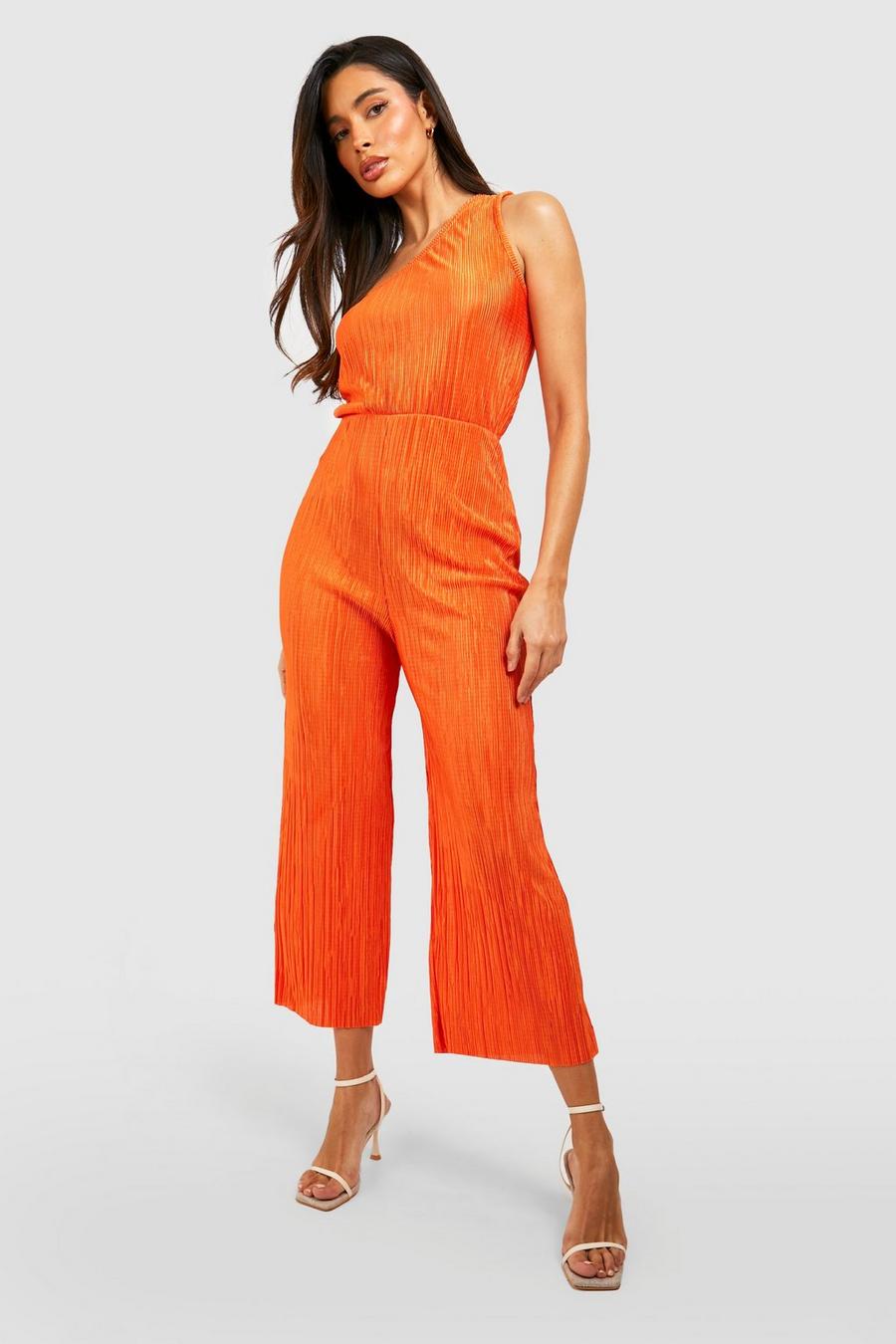 Einärmliger Plissee-Jumpsuit, Orange