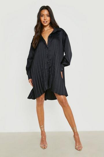 Black Pleated Satin Shirt Dress