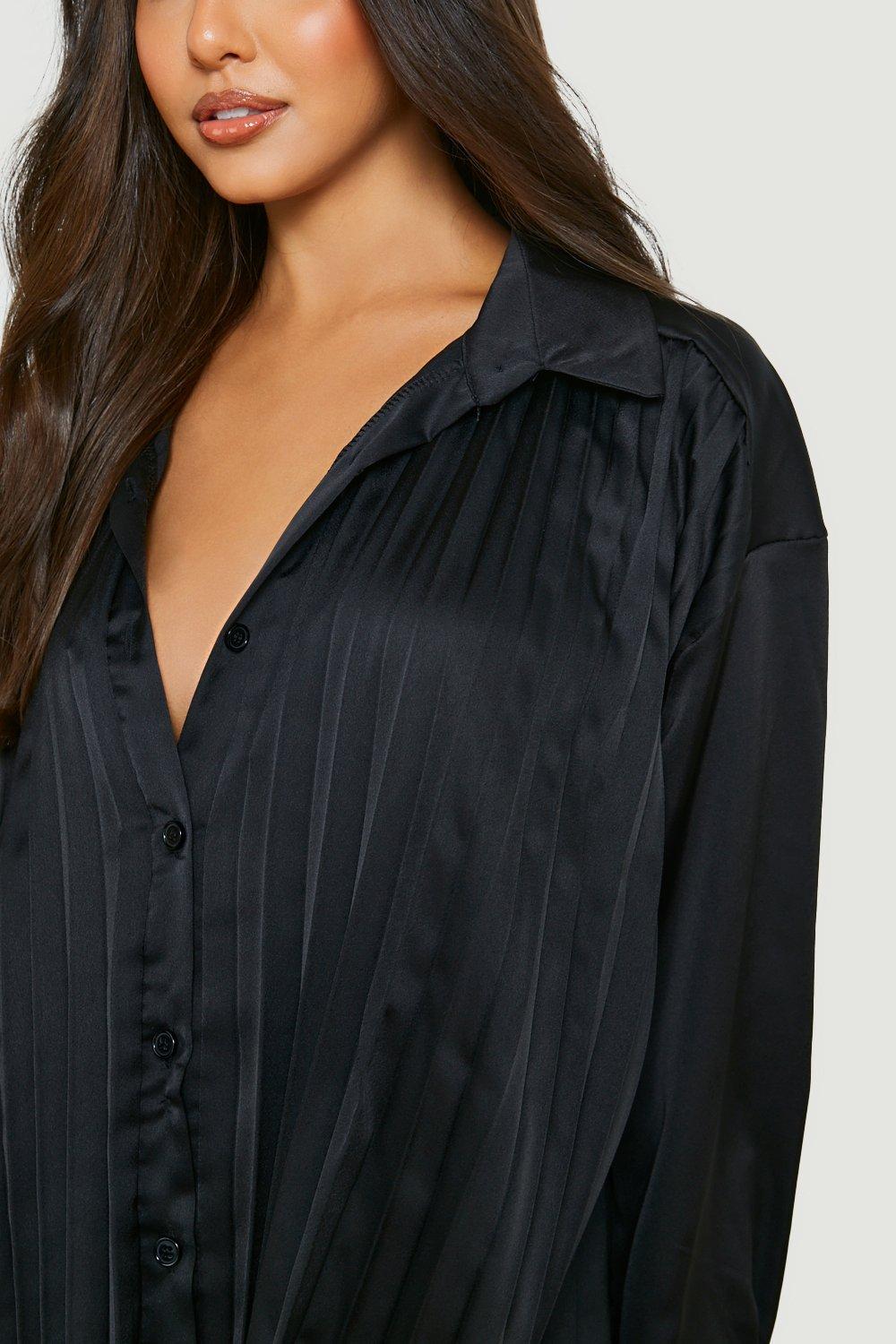 Pleated Satin Shirt Dress