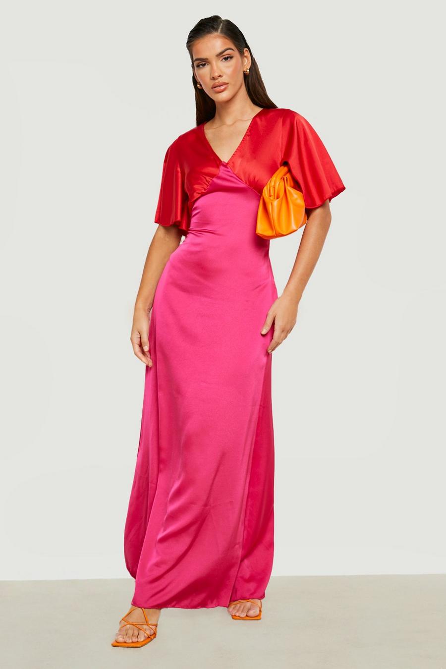 Pink Colour Block Angel Sleeve Midi Dress image number 1