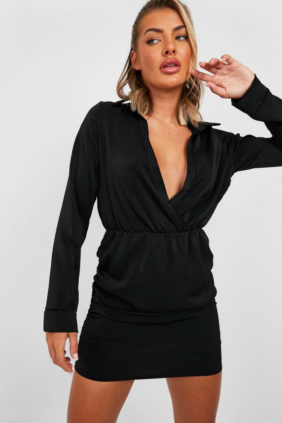 Black Woven Ruched Shirt Dress image number 1