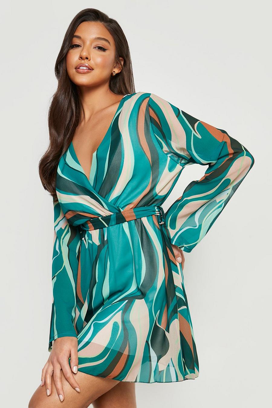 Green Abstract Chiffon Belted Dress