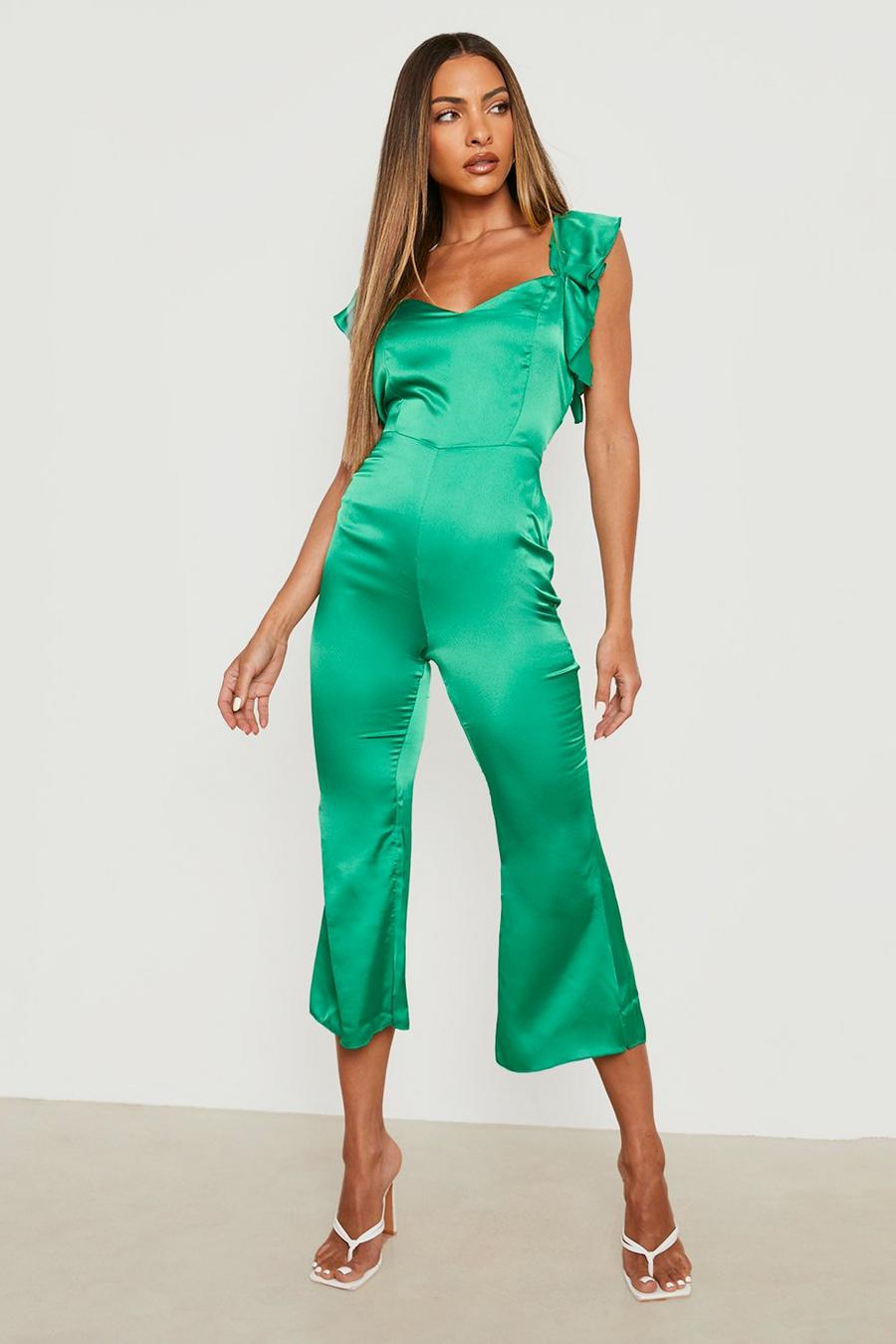 Green Satin Frill Sleeve Culotte Jumpsuit image number 1
