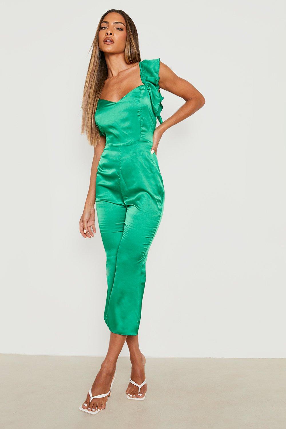 Womens Jumpsuits and rompers Boohoo Jumpsuits and rompers Boohoo Satin One Shoulder Frill Playsuit in Green 