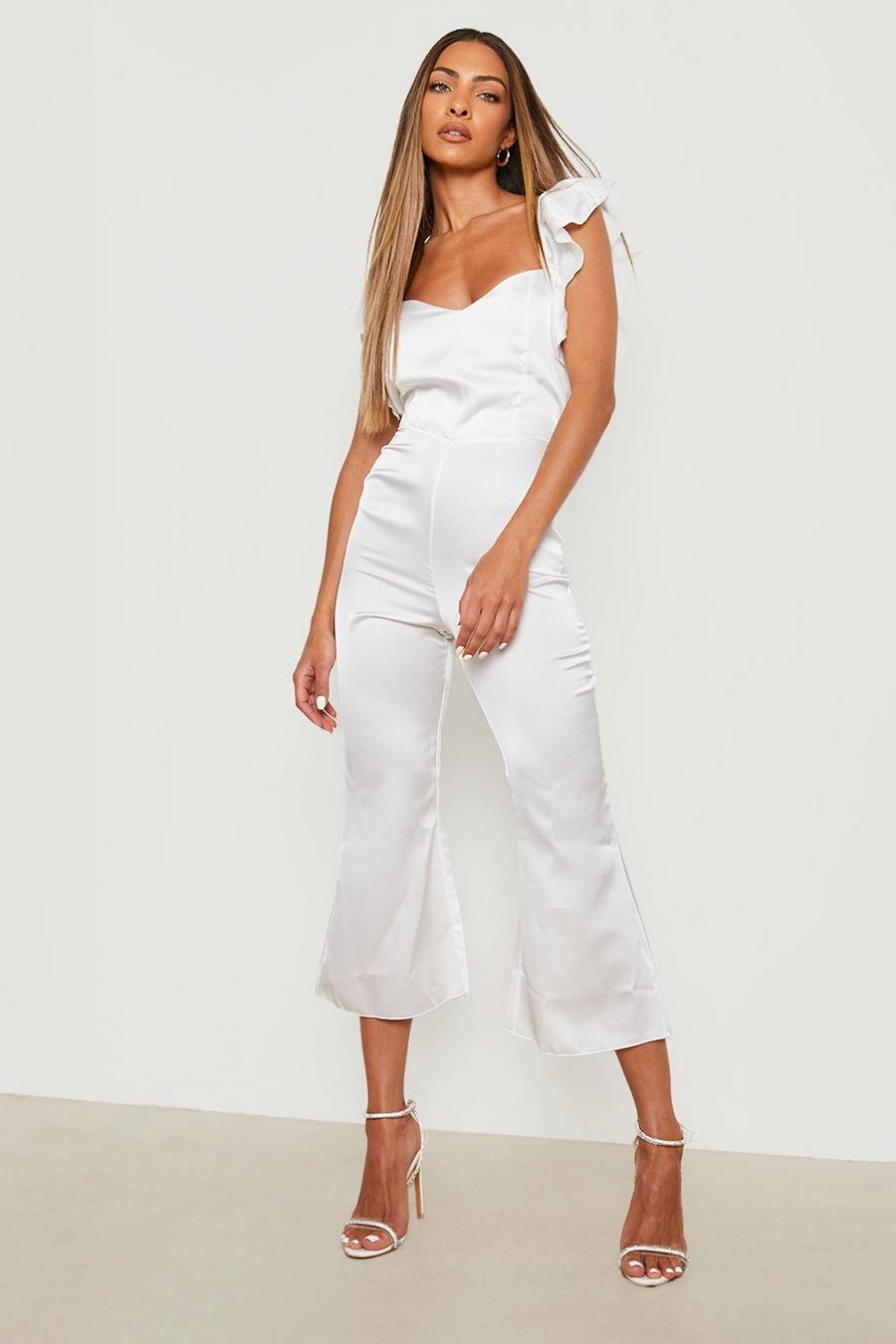 Ivory white Satin Frill Sleeve Culotte Jumpsuit