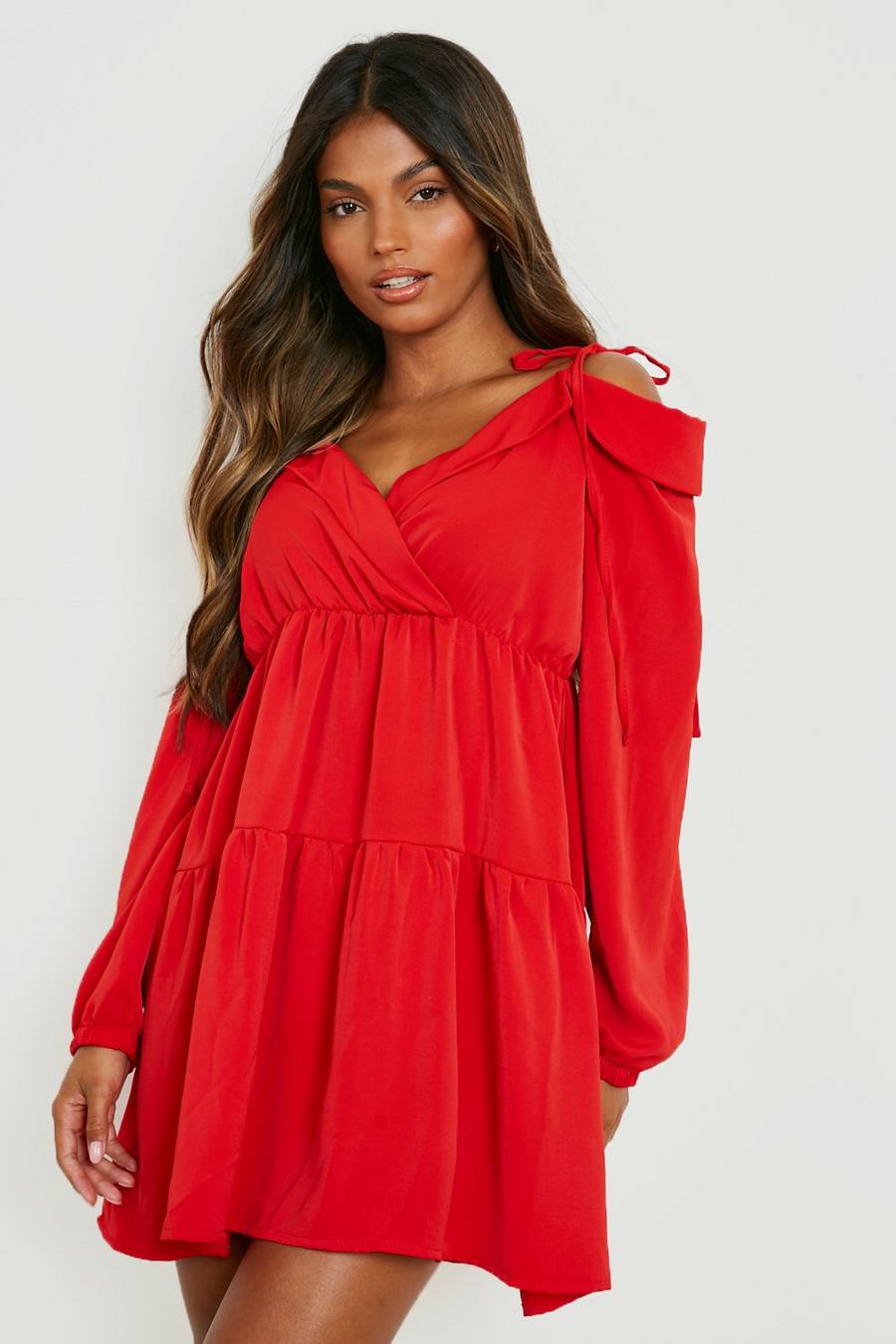 Red Woven Bardot Tiered Smock Dress image number 1