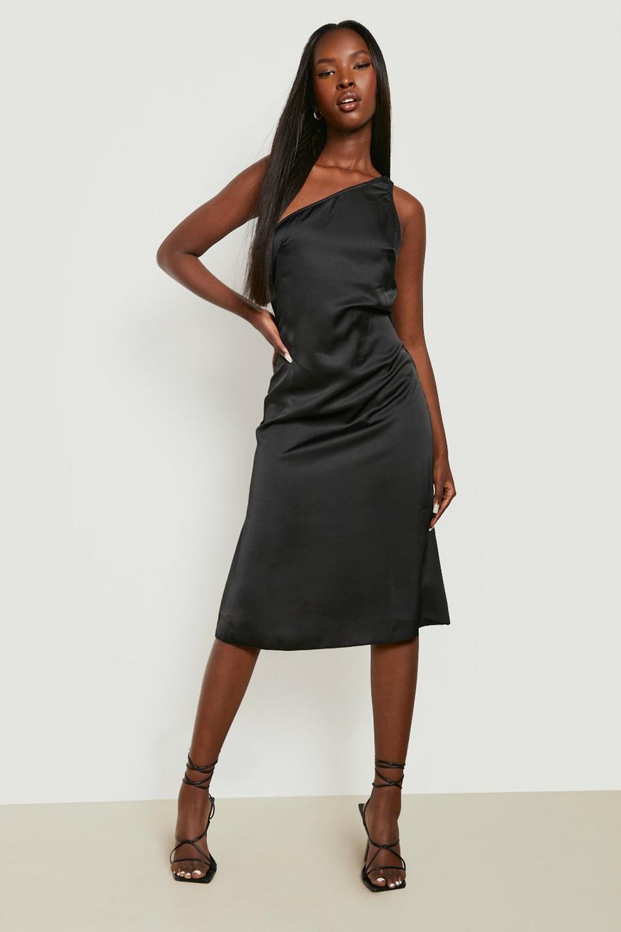 Black One Shoulder Satin Midi Dress image number 1